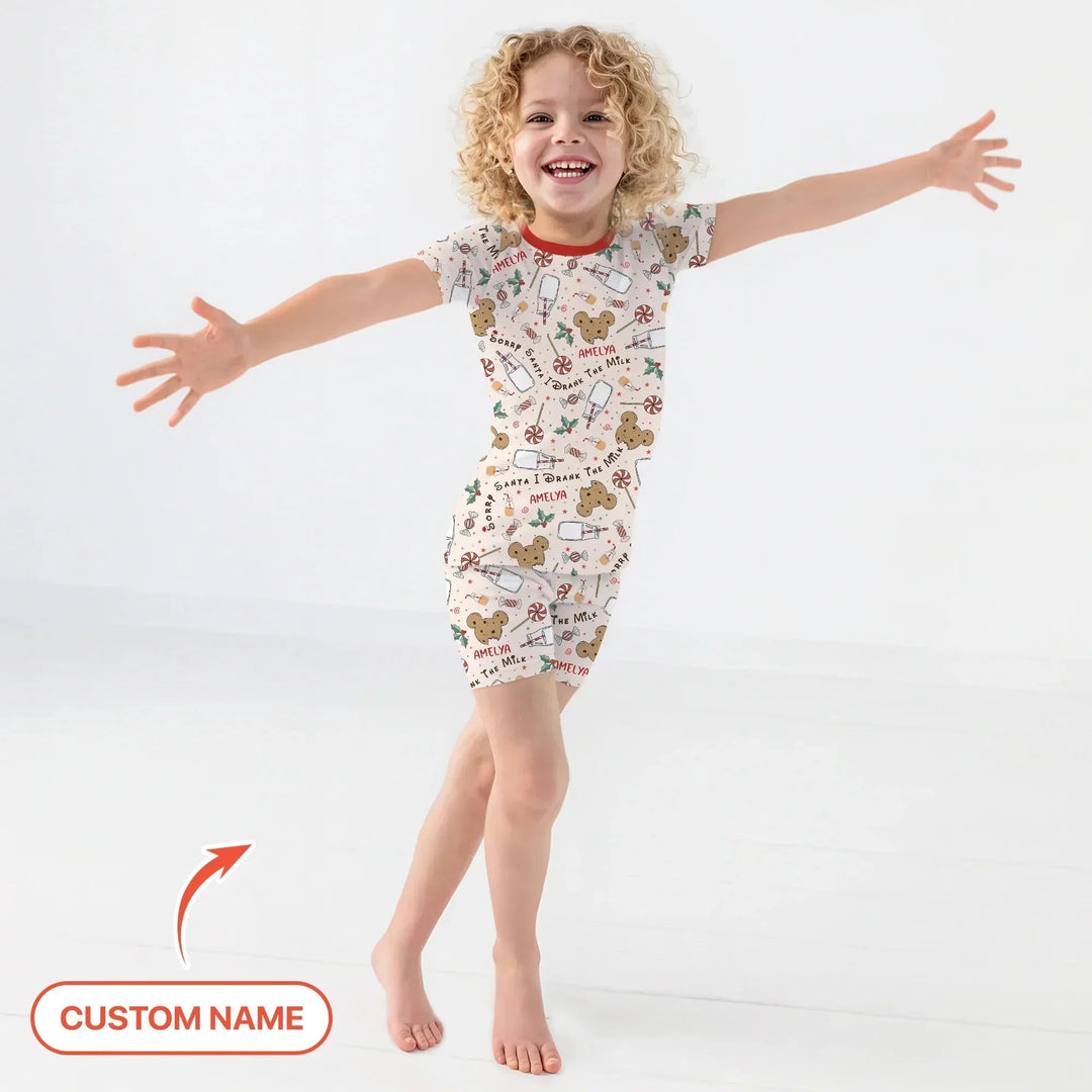 Custom Name Sorry Santa I Drank The Milk Two Piece Short Sleeve Shorts Pajama Set , Custom Name Sorry Santa I Drank The Milk Two Piece Short Sleeve Shorts Pajama Set - 12-18M