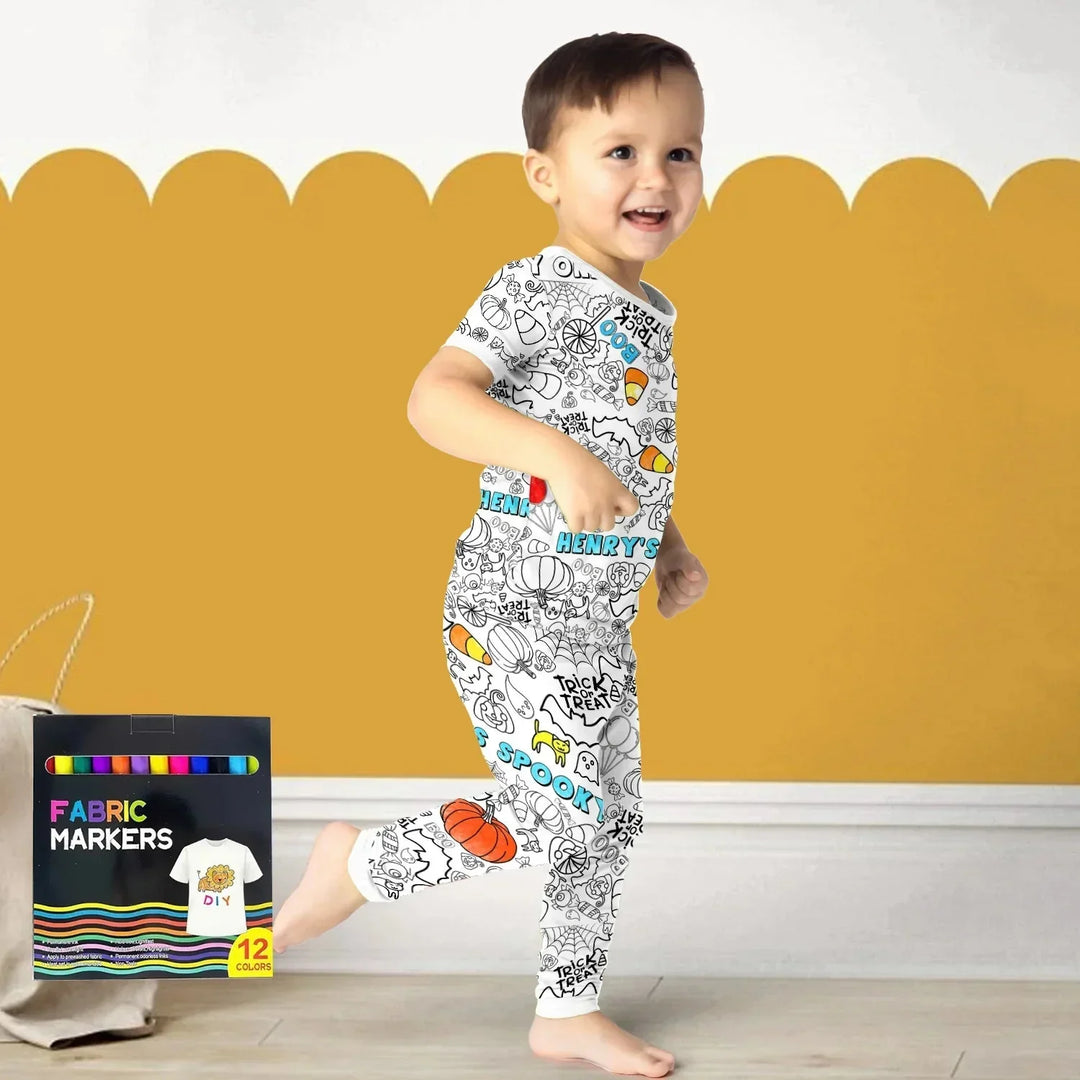 Custom Name Spooky Colorable Halloween Two Piece Short Sleeve Pajama Set , Custom Name Spooky Colorable Halloween Two Piece Short Sleeve Pajama Set - 3T
