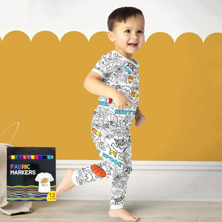 Custom Name Spooky Colorable Halloween Two Piece Short Sleeve Pajama Set , Custom Name Spooky Colorable Halloween Two Piece Short Sleeve Pajama Set - 3T