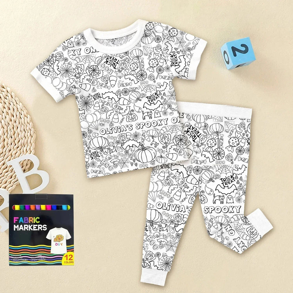 Custom Name Spooky Colorable Halloween Two Piece Short Sleeve Pajama Set , Custom Name Spooky Colorable Halloween Two Piece Short Sleeve Pajama Set - 3T
