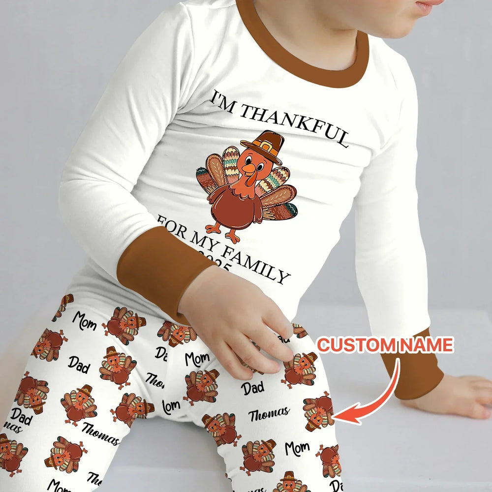 Custom Name Thanksgiving Family Matching Two Piece Long Sleeve Pajama Set , Custom Name Thanksgiving Family Matching Two Piece Long Sleeve Pajama Set - 12-18M