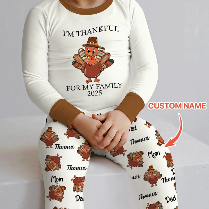 Custom Name Thanksgiving Family Matching Two Piece Long Sleeve Pajama Set , Custom Name Thanksgiving Family Matching Two Piece Long Sleeve Pajama Set - 12-18M