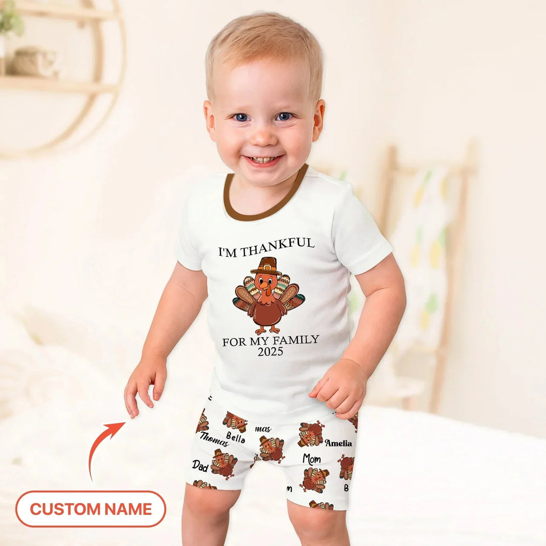 Custom Name Thanksgiving Family Matching Two Piece Short Sleeve Shorts Pajama Set , Custom Name Thanksgiving Family Matching Two Piece Short Sleeve Shorts Pajama Set - 12-18M