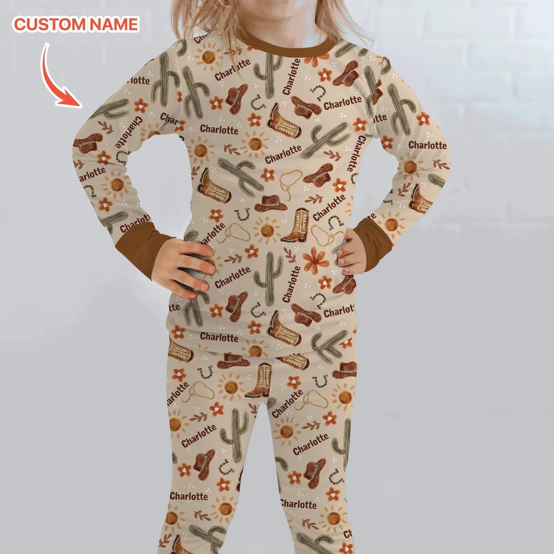 Custom Name Western Cowboy Stuff Two Piece Long Sleeve Pajama Set , Custom Name Western Cowboy Stuff Two Piece Long Sleeve Pajama Set - 12-18M