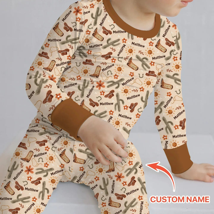 Custom Name Western Cowboy Stuff Two Piece Long Sleeve Pajama Set , Custom Name Western Cowboy Stuff Two Piece Long Sleeve Pajama Set - 12-18M