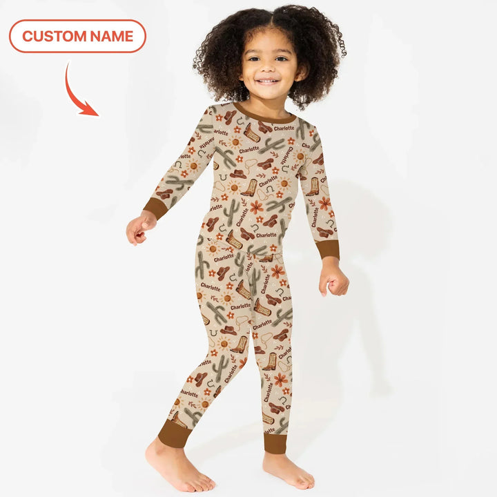 Custom Name Western Cowboy Stuff Two Piece Long Sleeve Pajama Set , Custom Name Western Cowboy Stuff Two Piece Long Sleeve Pajama Set - 12-18M