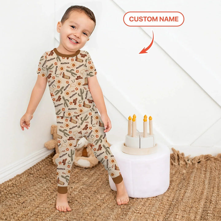 Custom Name Western Cowboy Stuff Two Piece Short Sleeve Pajama Set , Custom Name Western Cowboy Stuff Two Piece Short Sleeve Pajama Set - 12-18M