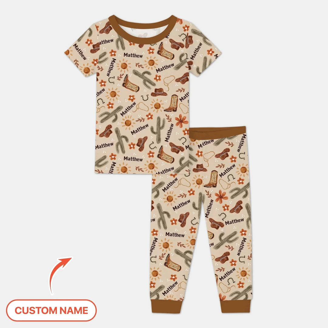 Custom Name Western Cowboy Stuff Two Piece Short Sleeve Pajama Set , Custom Name Western Cowboy Stuff Two Piece Short Sleeve Pajama Set - 12-18M