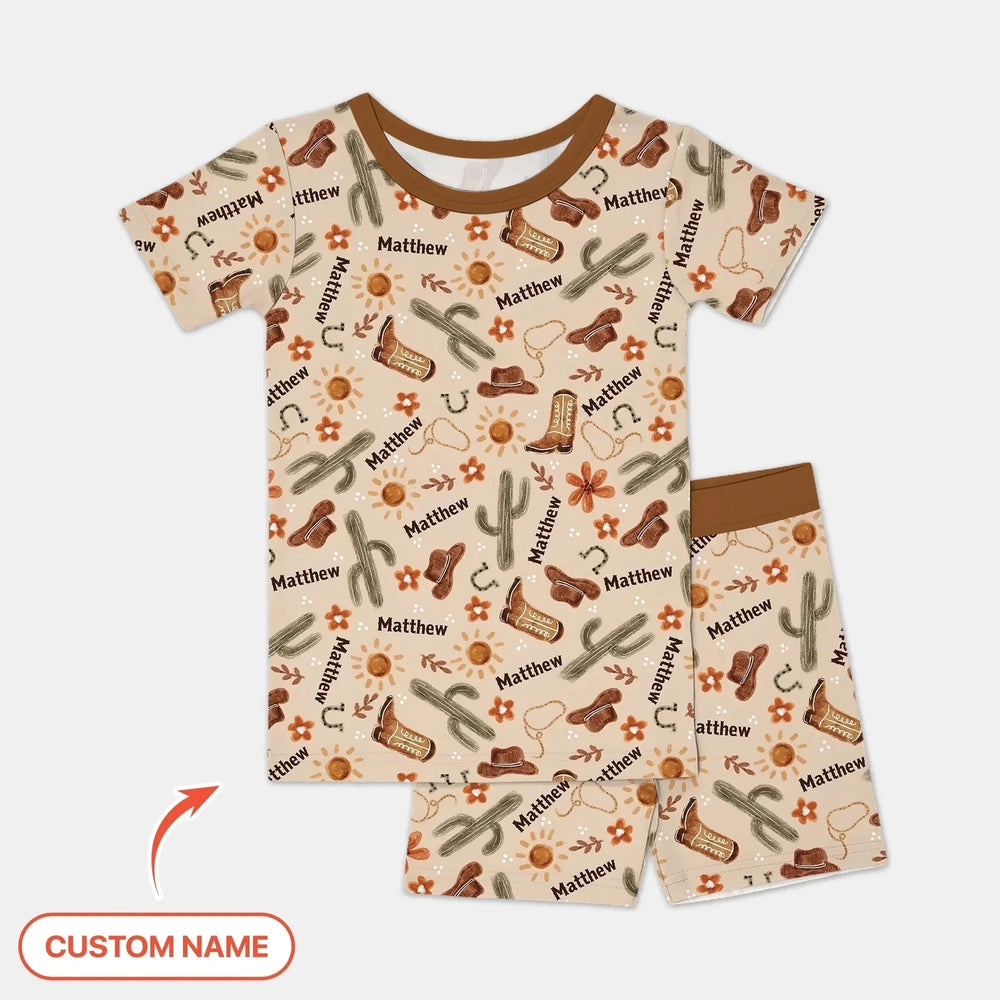 Custom Name Western Cowboy Stuff Two Piece Short Sleeve Shorts Pajama Set , Custom Name Western Cowboy Stuff Two Piece Short Sleeve Shorts Pajama Set - 12-18M