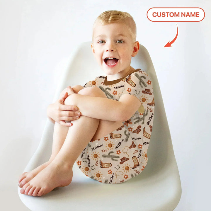 Custom Name Western Cowboy Stuff Two Piece Short Sleeve Shorts Pajama Set , Custom Name Western Cowboy Stuff Two Piece Short Sleeve Shorts Pajama Set - 12-18M