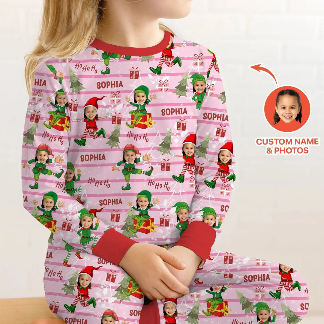 Custom Photo Baby Christmas Elf Two Piece Long Sleeve Pajama Set , Custom Photo Baby Christmas Elf Two Piece Long Sleeve Pajama Set - 12-18M