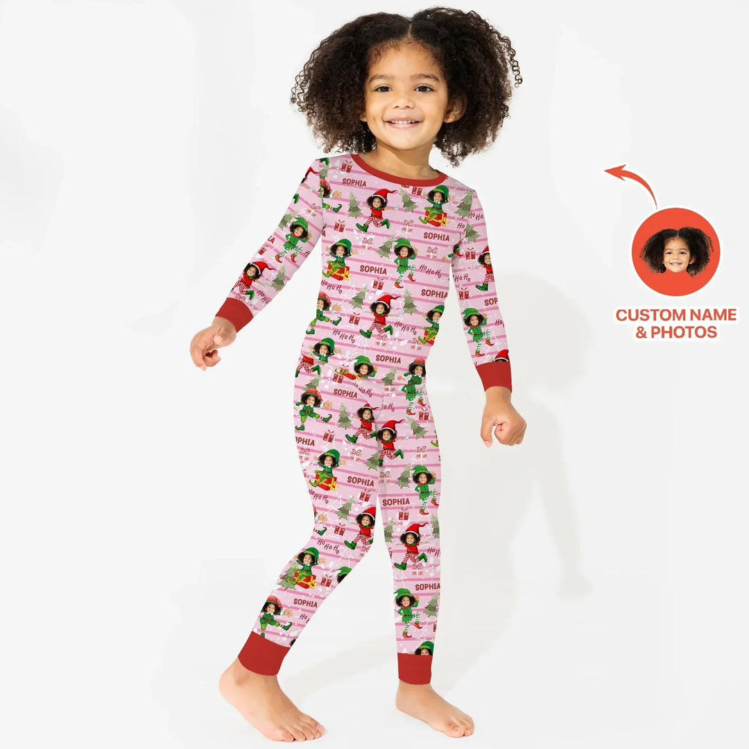 Custom Photo Baby Christmas Elf Two Piece Long Sleeve Pajama Set , Custom Photo Baby Christmas Elf Two Piece Long Sleeve Pajama Set - 12-18M