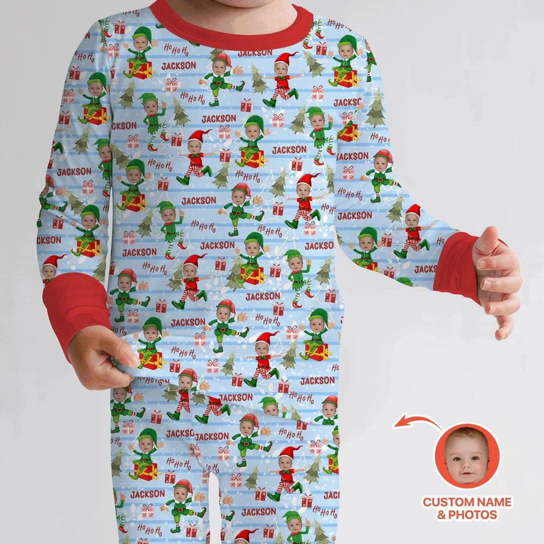 Custom Photo Baby Christmas Elf Two Piece Long Sleeve Pajama Set , Custom Photo Baby Christmas Elf Two Piece Long Sleeve Pajama Set - 12-18M