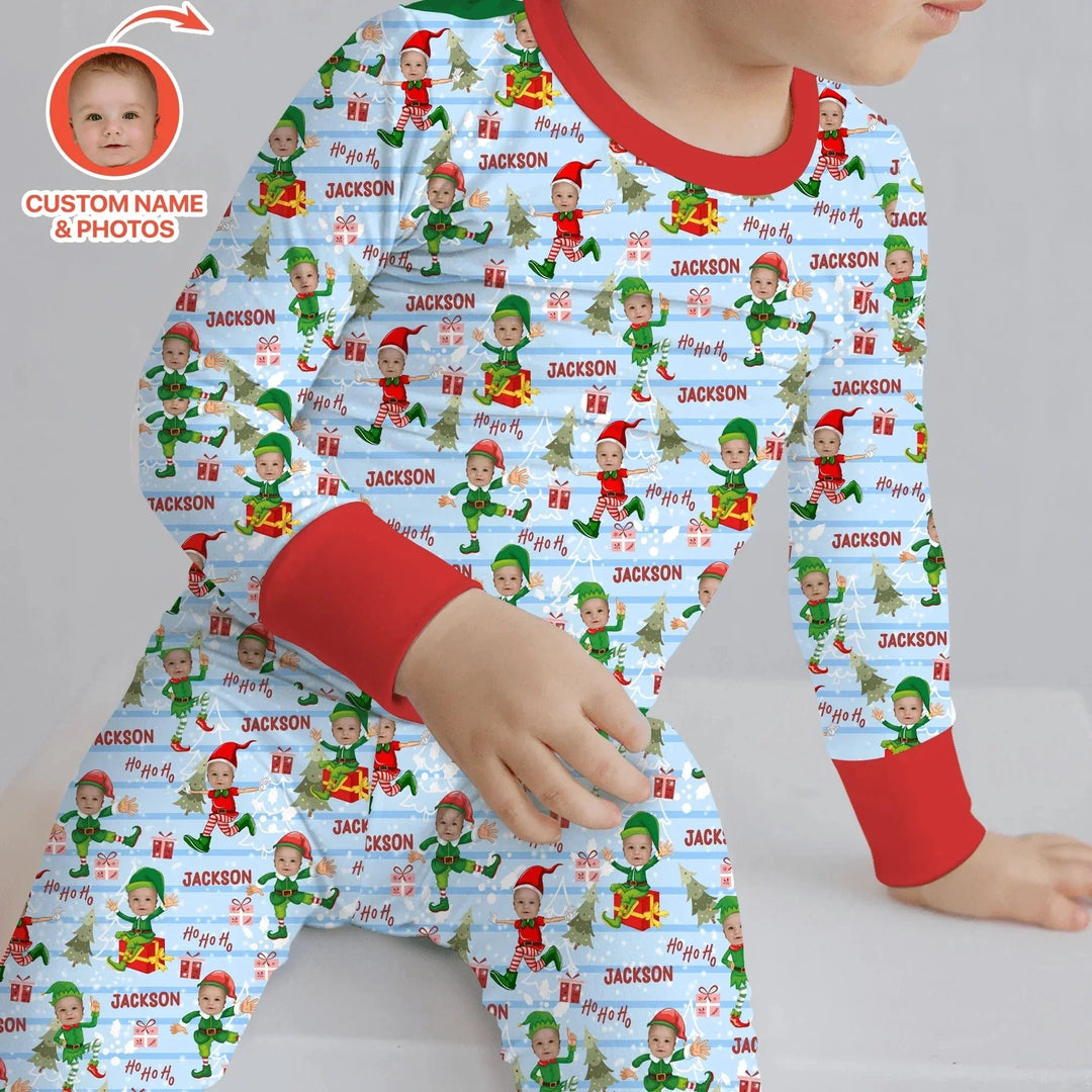 Custom Photo Baby Christmas Elf Two Piece Long Sleeve Pajama Set , Custom Photo Baby Christmas Elf Two Piece Long Sleeve Pajama Set - 12-18M