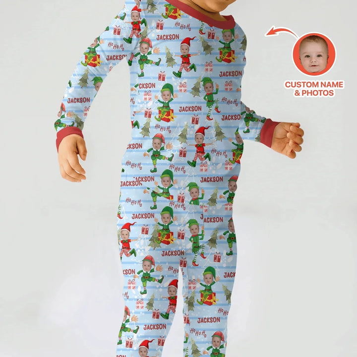 Custom Photo Baby Christmas Elf Two Piece Long Sleeve Pajama Set , Custom Photo Baby Christmas Elf Two Piece Long Sleeve Pajama Set - 12-18M
