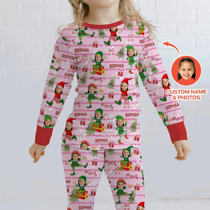 Custom Photo Baby Christmas Elf Two Piece Long Sleeve Pajama Set , Custom Photo Baby Christmas Elf Two Piece Long Sleeve Pajama Set - 12-18M