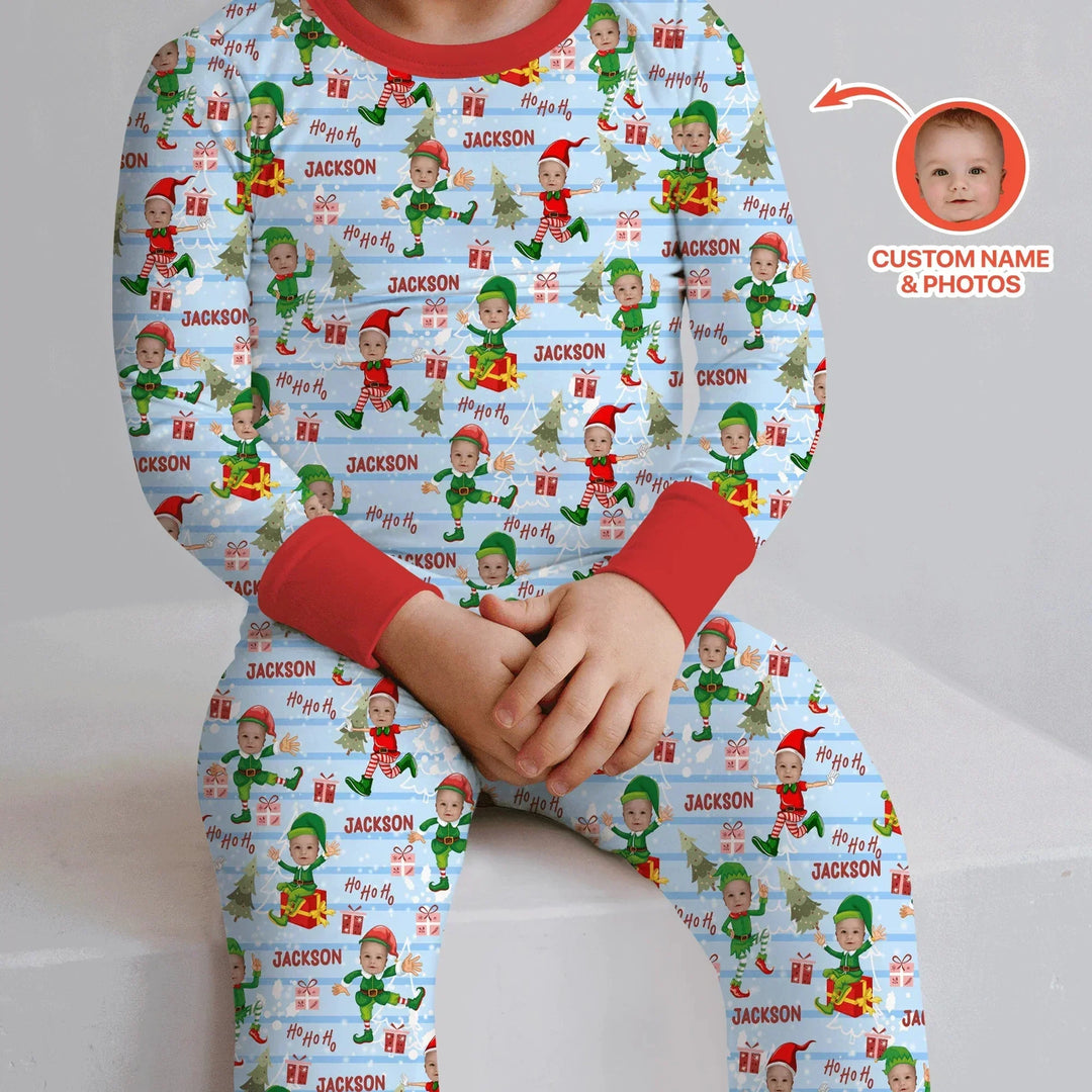 Custom Photo Baby Christmas Elf Two Piece Long Sleeve Pajama Set , Custom Photo Baby Christmas Elf Two Piece Long Sleeve Pajama Set - 12-18M