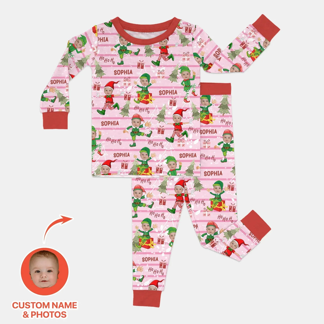 Custom Photo Baby Christmas Elf Two Piece Long Sleeve Pajama Set , Custom Photo Baby Christmas Elf Two Piece Long Sleeve Pajama Set - 12-18M