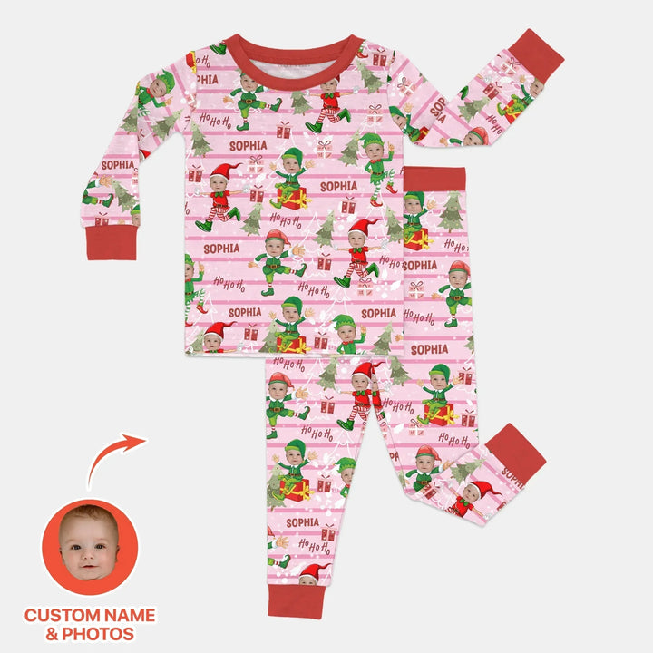 Custom Photo Baby Christmas Elf Two Piece Long Sleeve Pajama Set , Custom Photo Baby Christmas Elf Two Piece Long Sleeve Pajama Set - 12-18M