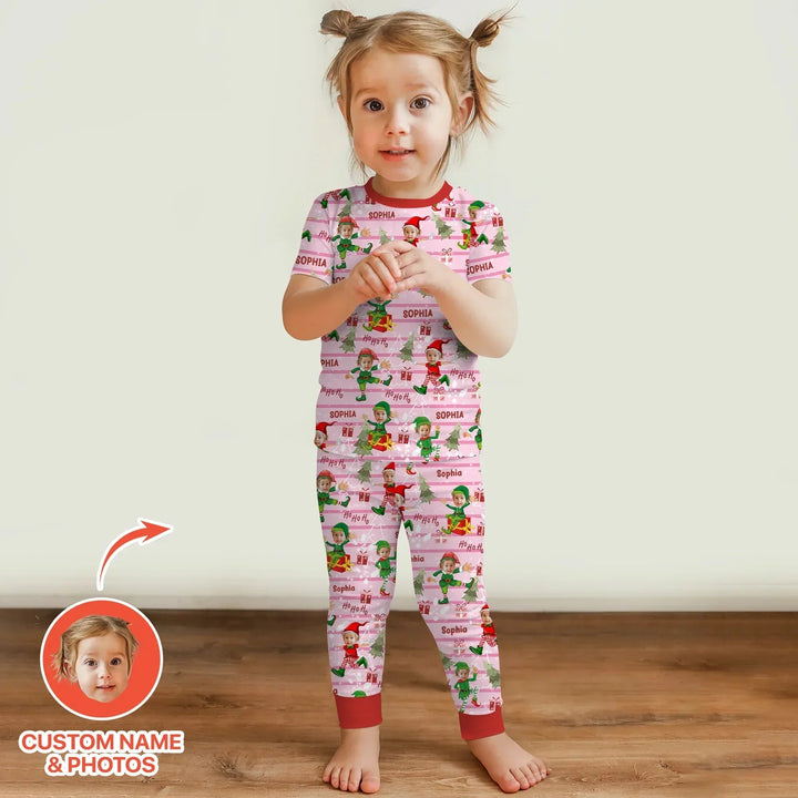 Custom Photo Baby Christmas Elf Two Piece Short Sleeve Pajama Set , Custom Photo Baby Christmas Elf Two Piece Short Sleeve Pajama Set - 12-18M