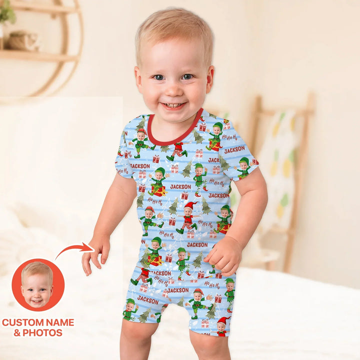 Custom Photo Baby Christmas Elf Two Piece Short Sleeve Shorts Pajama Set , Custom Photo Baby Christmas Elf Two Piece Short Sleeve Shorts Pajama Set - 12-18M