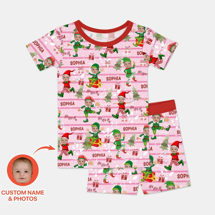 Custom Photo Baby Christmas Elf Two Piece Short Sleeve Shorts Pajama Set , Custom Photo Baby Christmas Elf Two Piece Short Sleeve Shorts Pajama Set - 12-18M