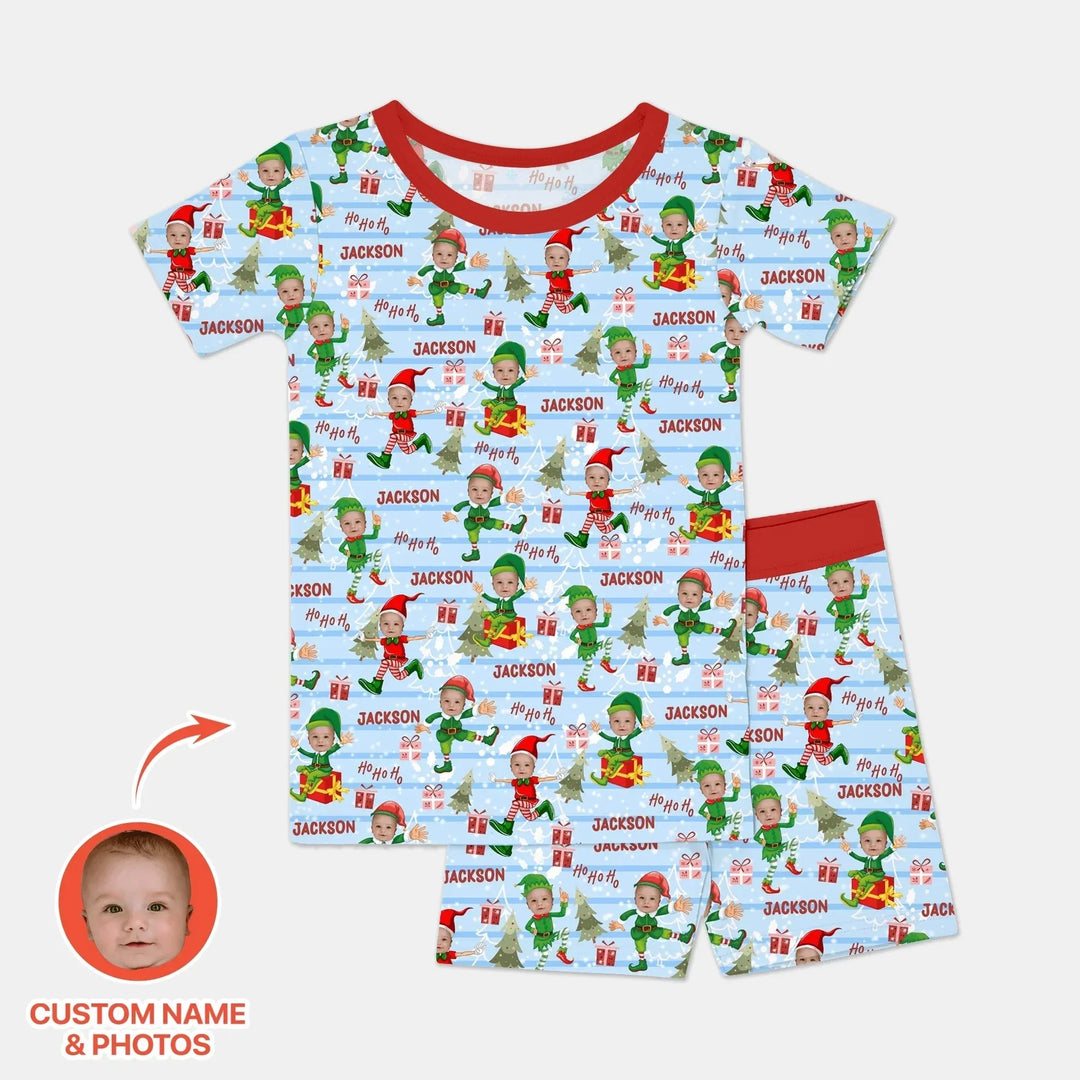 Custom Photo Baby Christmas Elf Two Piece Short Sleeve Shorts Pajama Set , Custom Photo Baby Christmas Elf Two Piece Short Sleeve Shorts Pajama Set - 12-18M