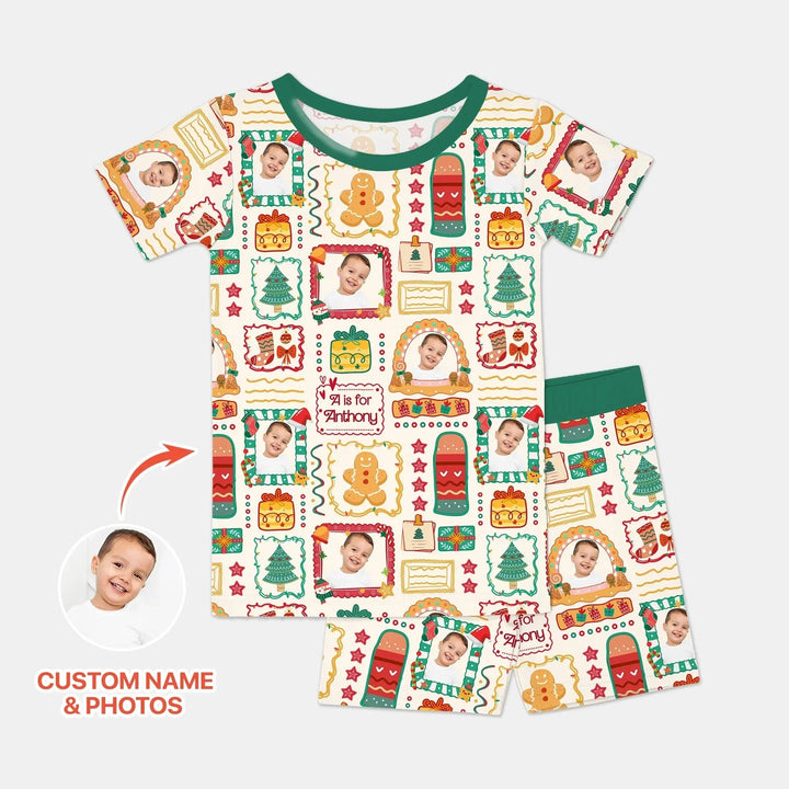 Custom Photo Christmas Frame Custom Name Short Sleeve Pajama Set , Custom Photo Christmas Frame Custom Name Short Sleeve Pajama Set - 12-18M