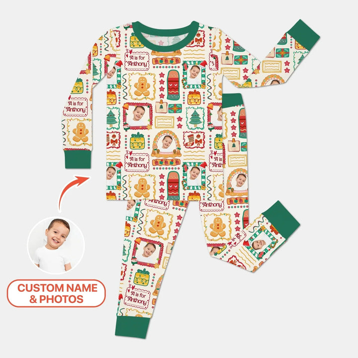 Custom Photo Christmas Frame Custom Name Two Piece Long Sleeve Pajama Set , Custom Photo Christmas Frame Custom Name Two Piece Long Sleeve Pajama Set - 12-18M