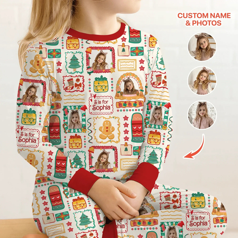 Custom Photo Christmas Frame Custom Name Two Piece Long Sleeve Pajama Set , Custom Photo Christmas Frame Custom Name Two Piece Long Sleeve Pajama Set - 12-18M
