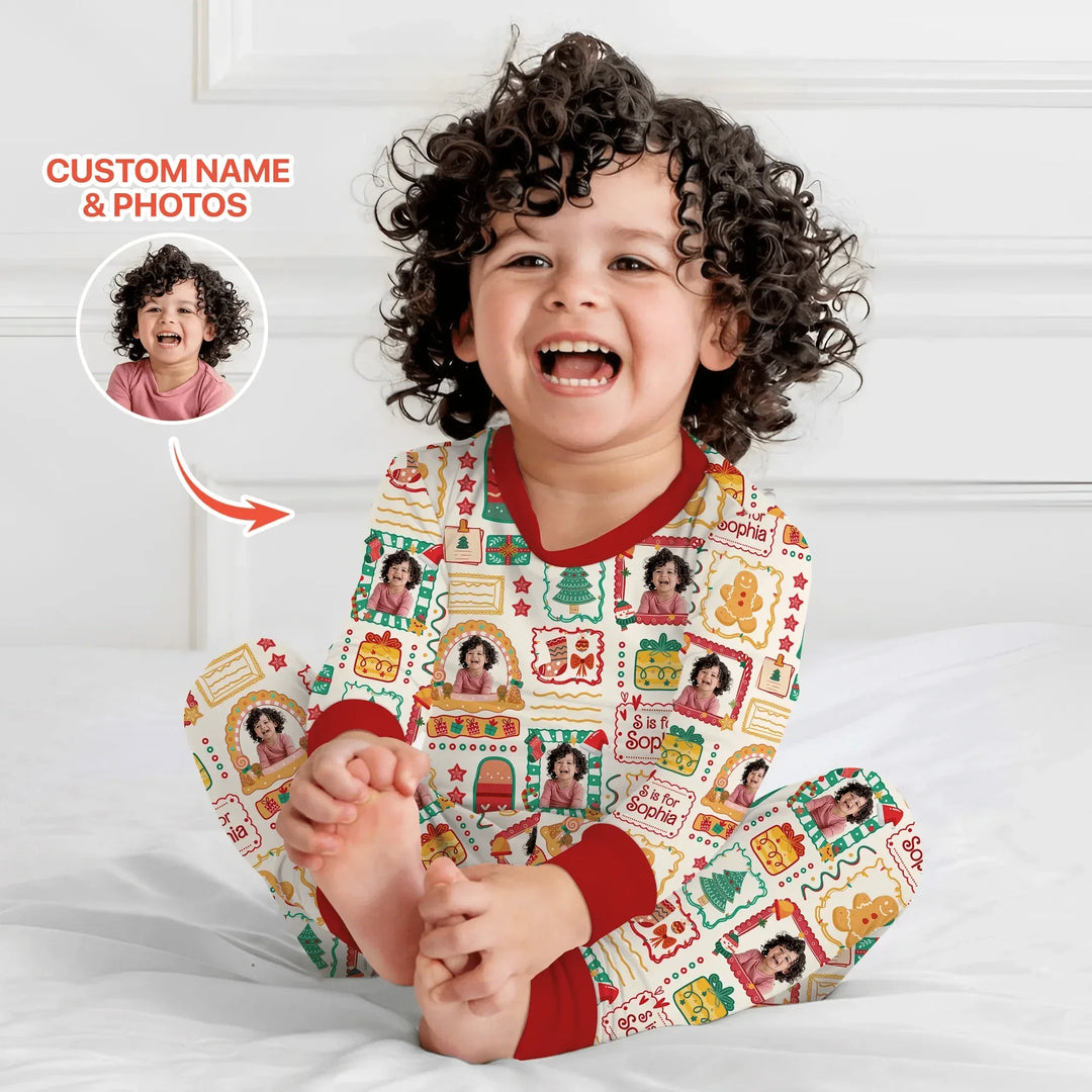 Custom Photo Christmas Frame Custom Name Two Piece Long Sleeve Pajama Set , Custom Photo Christmas Frame Custom Name Two Piece Long Sleeve Pajama Set - 12-18M
