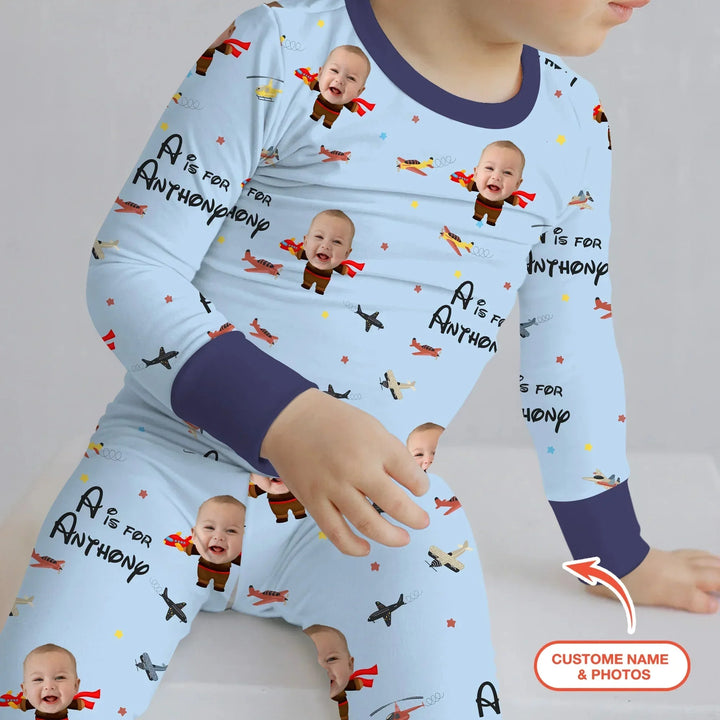 Custom Photo Face Dream Jobs Pilot Two Piece Long Sleeve Pajama Set , Custom Photo Face Dream Jobs Pilot Two Piece Long Sleeve Pajama Set - 12-18M
