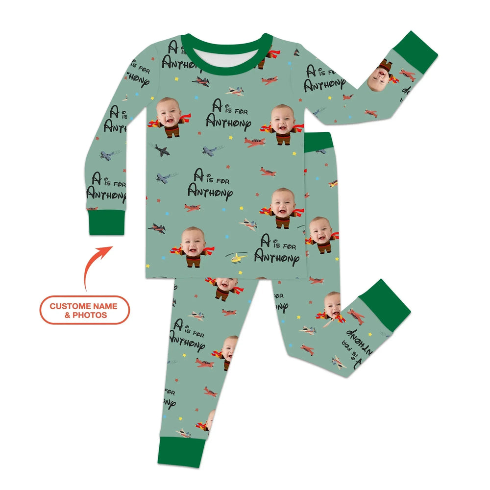 Custom Photo Face Dream Jobs Pilot Two Piece Long Sleeve Pajama Set , Custom Photo Face Dream Jobs Pilot Two Piece Long Sleeve Pajama Set - 12-18M