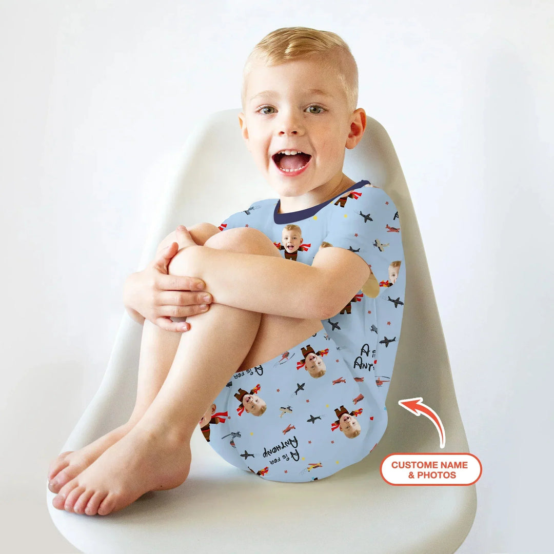 Custom Photo Face Dream Jobs Pilot Two Piece Short Sleeve Shorts Pajama Set , Custom Photo Face Dream Jobs Pilot Two Piece Short Sleeve Shorts Pajama Set - 12-18M
