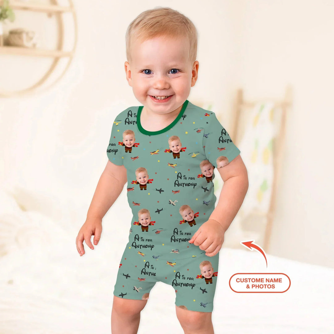 Custom Photo Face Dream Jobs Pilot Two Piece Short Sleeve Shorts Pajama Set , Custom Photo Face Dream Jobs Pilot Two Piece Short Sleeve Shorts Pajama Set - 12-18M