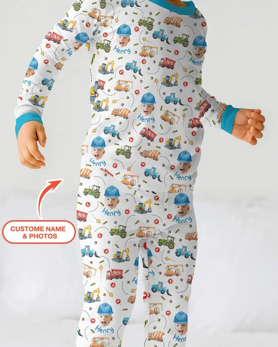 Custom Photo Little Construction Heroes Two Piece Long Sleeve Pajama Set , Custom Photo Little Construction Heroes Two Piece Long Sleeve Pajama Set - 12-18M