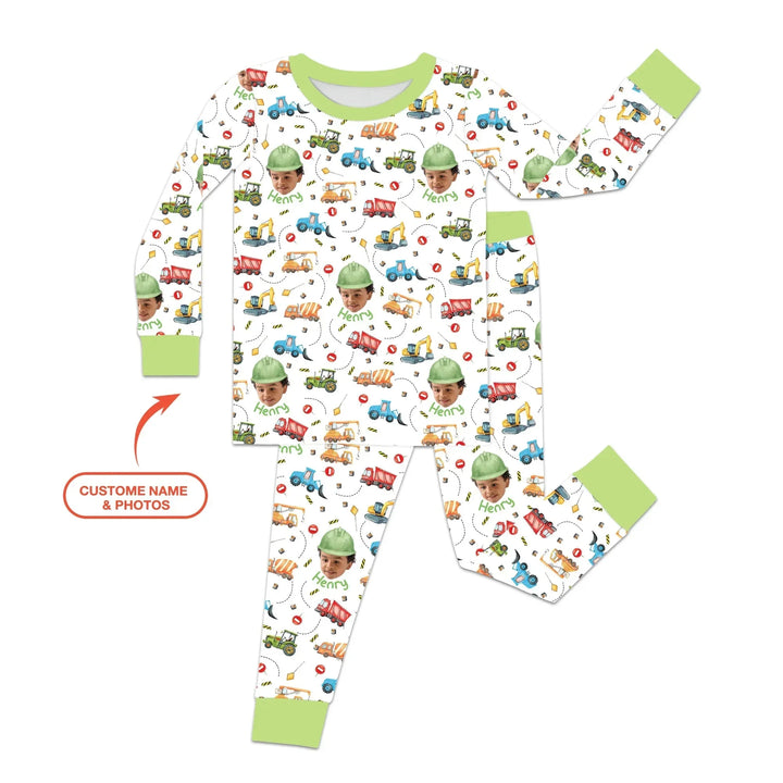Custom Photo Little Construction Heroes Two Piece Long Sleeve Pajama Set , Custom Photo Little Construction Heroes Two Piece Long Sleeve Pajama Set - 12-18M
