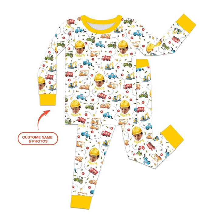 Custom Photo Little Construction Heroes Two Piece Long Sleeve Pajama Set , Custom Photo Little Construction Heroes Two Piece Long Sleeve Pajama Set - 12-18M