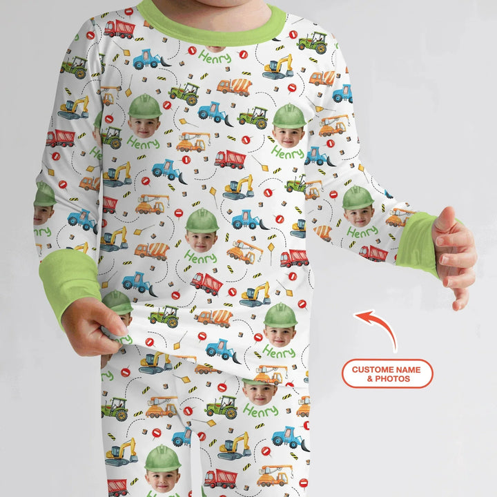 Custom Photo Little Construction Heroes Two Piece Long Sleeve Pajama Set , Custom Photo Little Construction Heroes Two Piece Long Sleeve Pajama Set - 12-18M