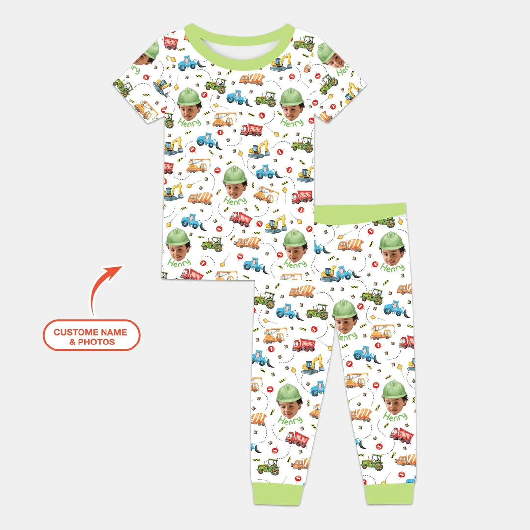 Custom Photo Little Construction Heroes Two Piece Short Sleeve Pajama Set , Custom Photo Little Construction Heroes Two Piece Short Sleeve Pajama Set - 12-18M