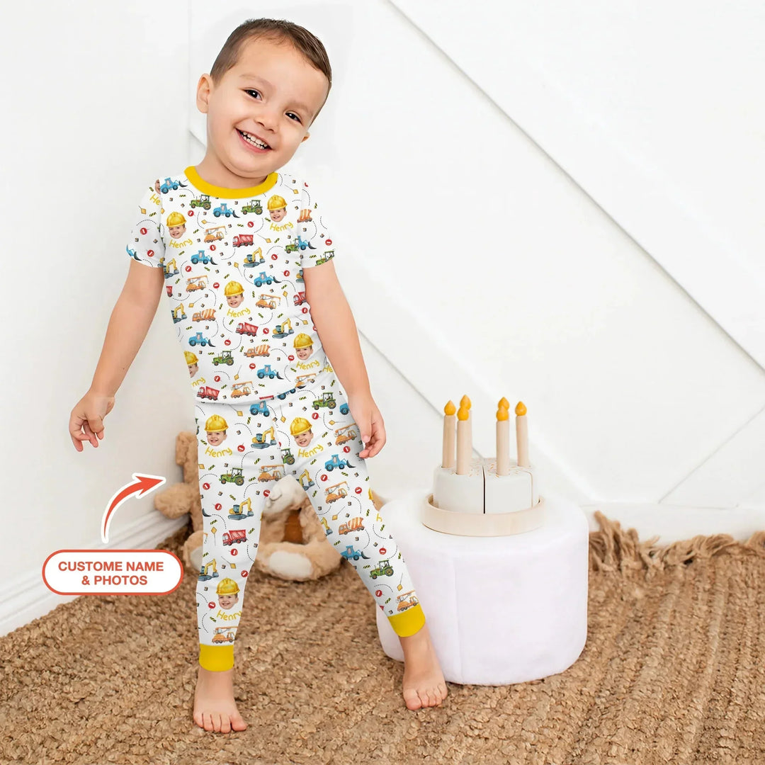 Custom Photo Little Construction Heroes Two Piece Short Sleeve Pajama Set , Custom Photo Little Construction Heroes Two Piece Short Sleeve Pajama Set - 12-18M