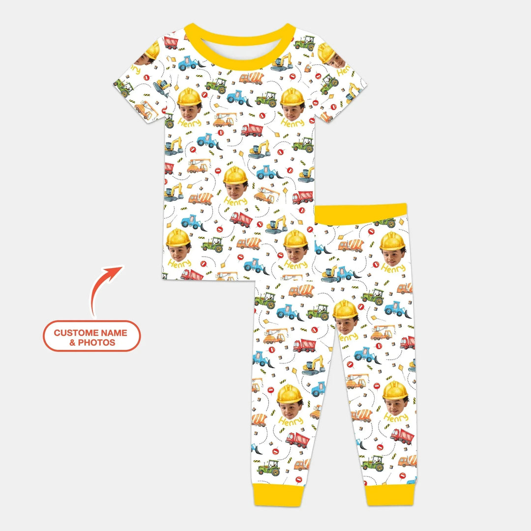 Custom Photo Little Construction Heroes Two Piece Short Sleeve Pajama Set , Custom Photo Little Construction Heroes Two Piece Short Sleeve Pajama Set - 12-18M