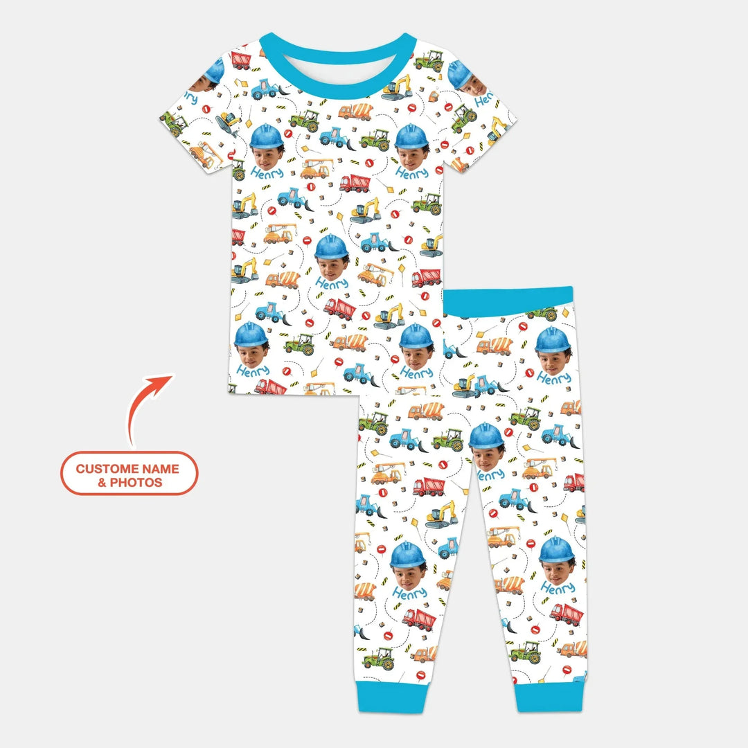 Custom Photo Little Construction Heroes Two Piece Short Sleeve Pajama Set , Custom Photo Little Construction Heroes Two Piece Short Sleeve Pajama Set - 12-18M