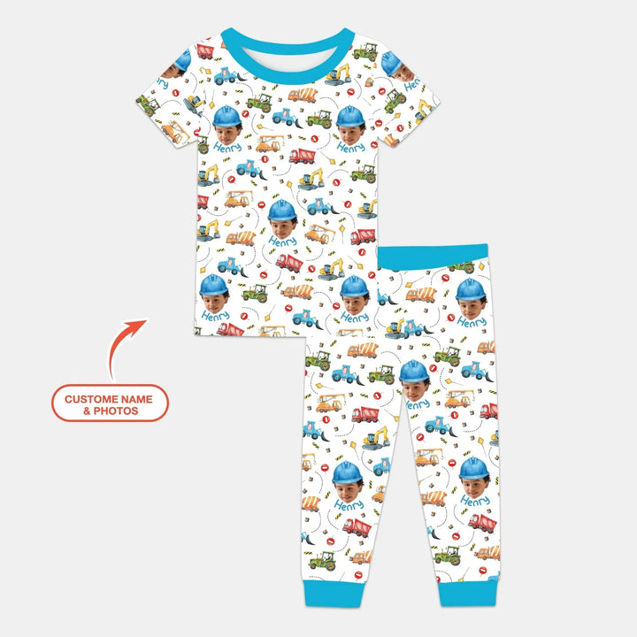 Custom Photo Little Construction Heroes Two Piece Short Sleeve Pajama Set , Custom Photo Little Construction Heroes Two Piece Short Sleeve Pajama Set - 12-18M