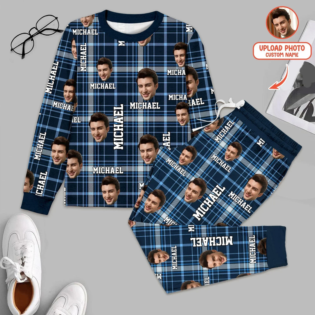 Custom Photo & Name Christmas Plaid Men Pajama Set , Custom Photo & Name Christmas Plaid Men Pajama Set - Combo Shirt & Pants / XS