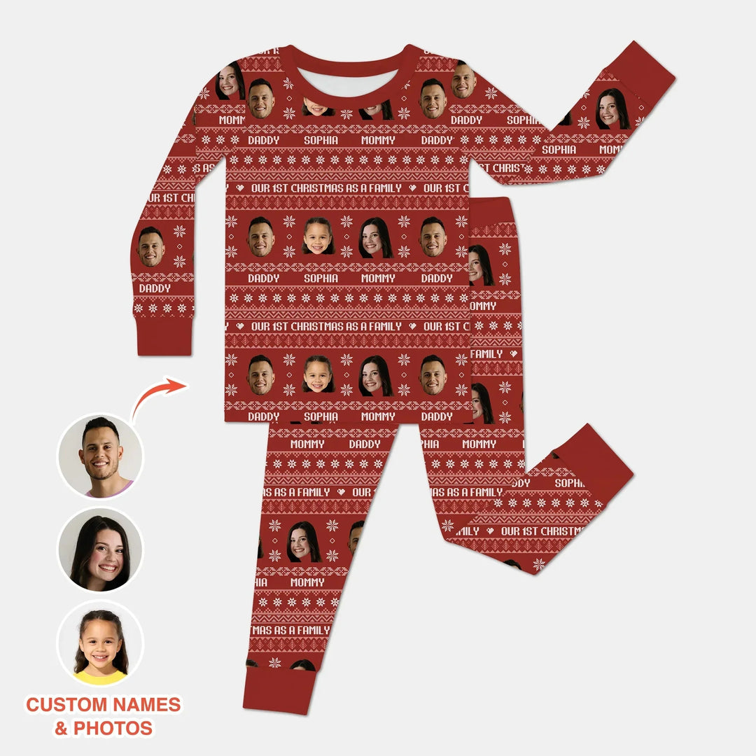 Custom Photo Our 1st Christmas as a Family Two Piece Long Sleeve Pajama Set , Custom Photo Our 1st Christmas as a Family Two Piece Long Sleeve Pajama Set - 12-18M