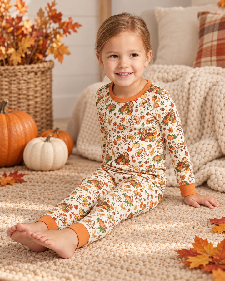 Thanksgiving Turkey Sketch Bamboo Two Piece Long Sleeve Pajama Set