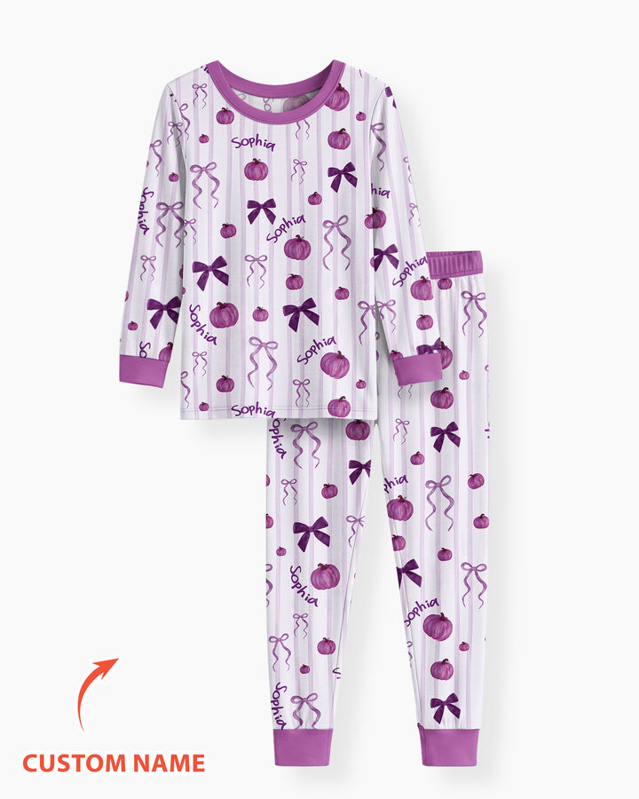 Custom Name Coquette Pumpkin Bow Fall Bamboo Two Piece Long Sleeve Pajama Set