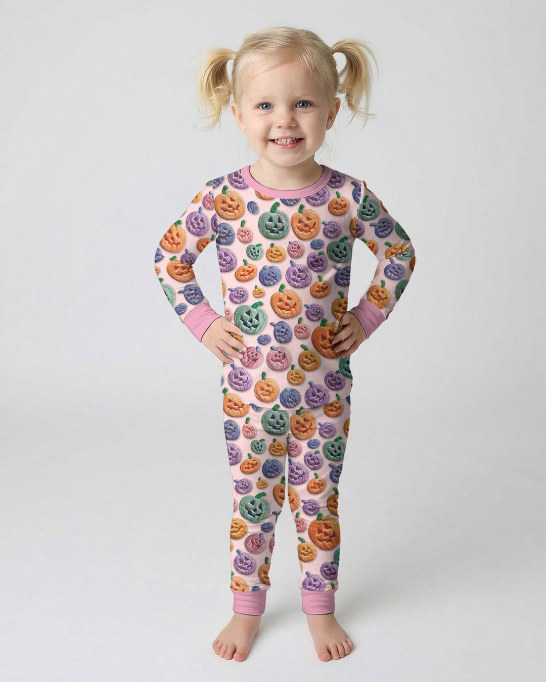 Happy Halloween Pastel Jack O Lanterns Bamboo Two Piece Long Sleeve Pajama Set
