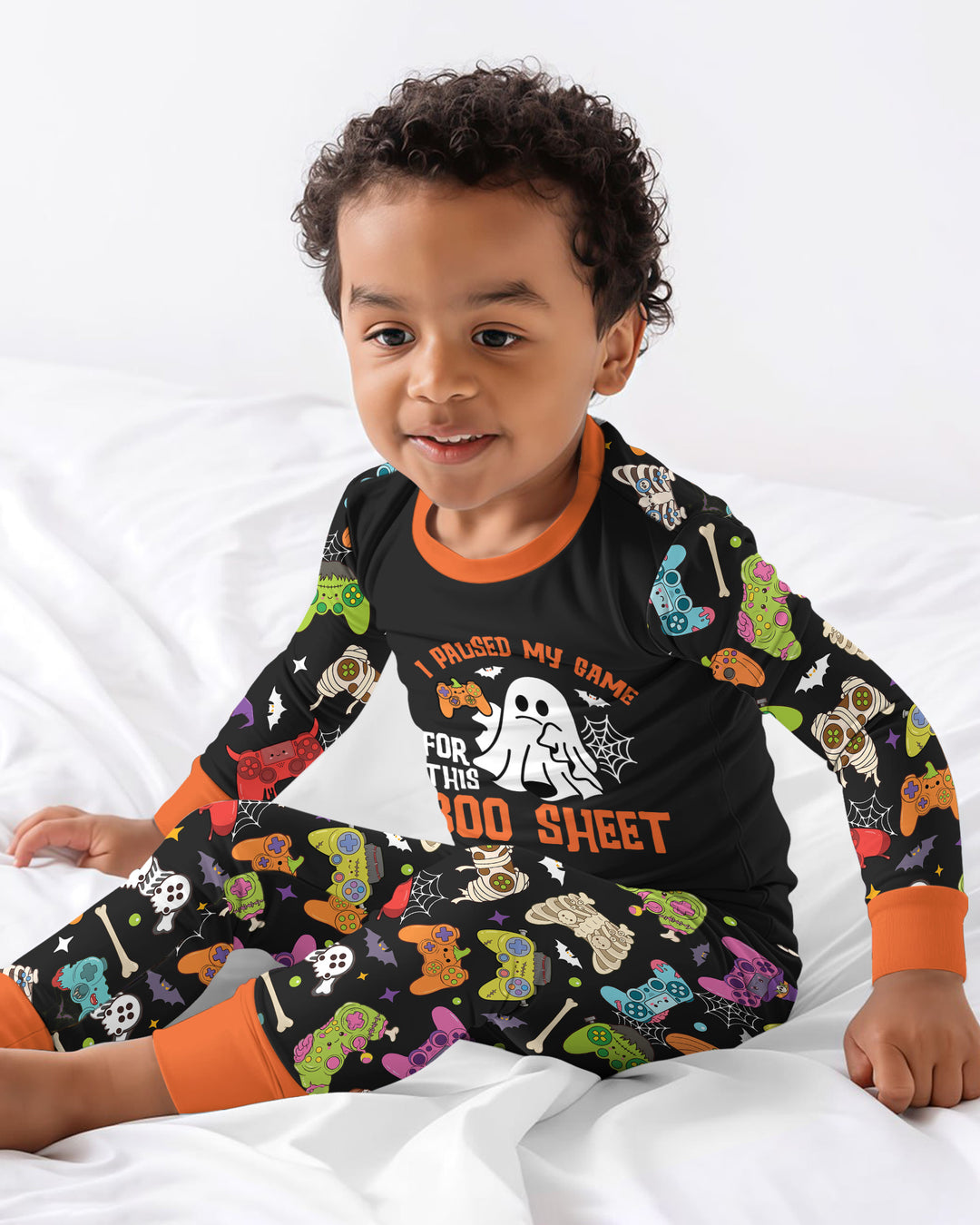 Halloween Skeleton Zombie Gaming Controllers Mummy Boys Bamboo Two Piece Long Sleeve Pajama Set